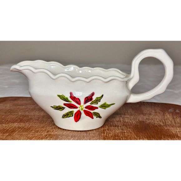 Hand-Painted Christmas Poinsettia Gravy Boat Dinning Serveware – Vintage Holiday - Picture 3 of 8
